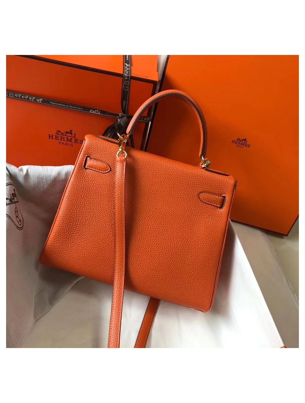 Hermes Kelly 25cm Retourne Bag In Orange Clemence Leather