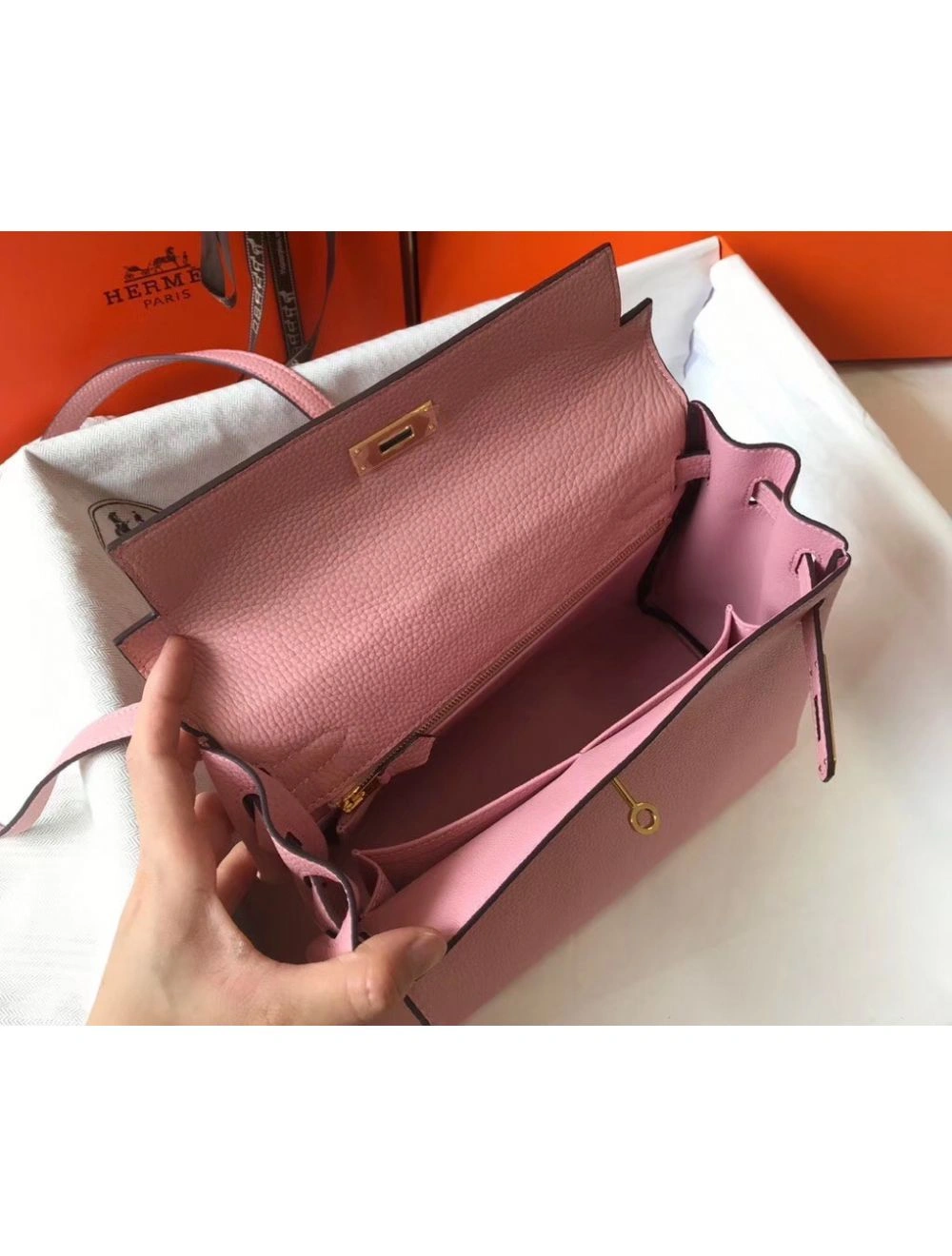 Hermes Kelly 25cm Retourne Bag In Pink Clemence Leather