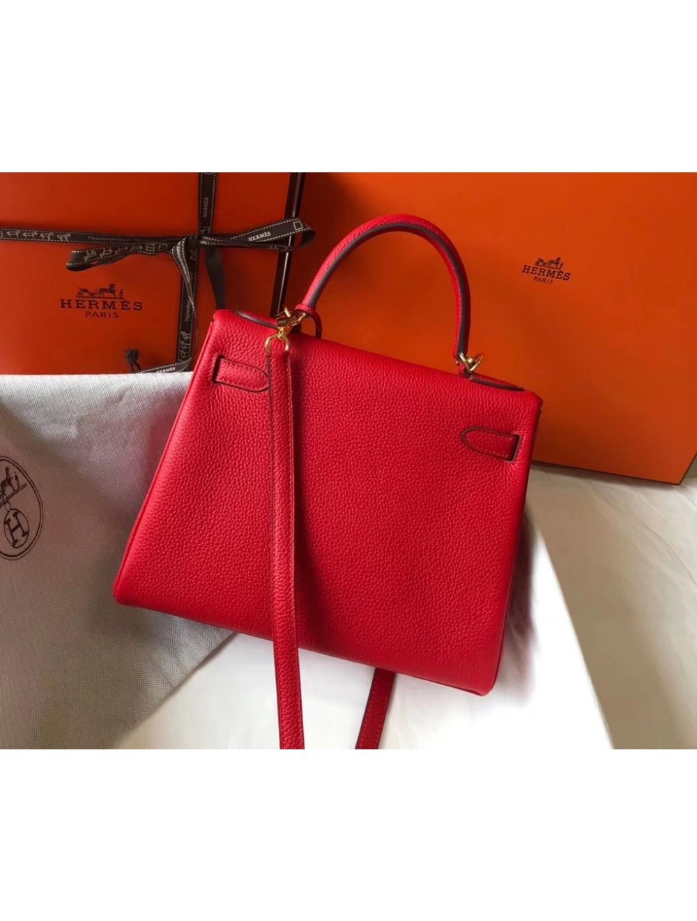 Hermes Kelly 25cm Retourne Bag In Red Clemence Leather