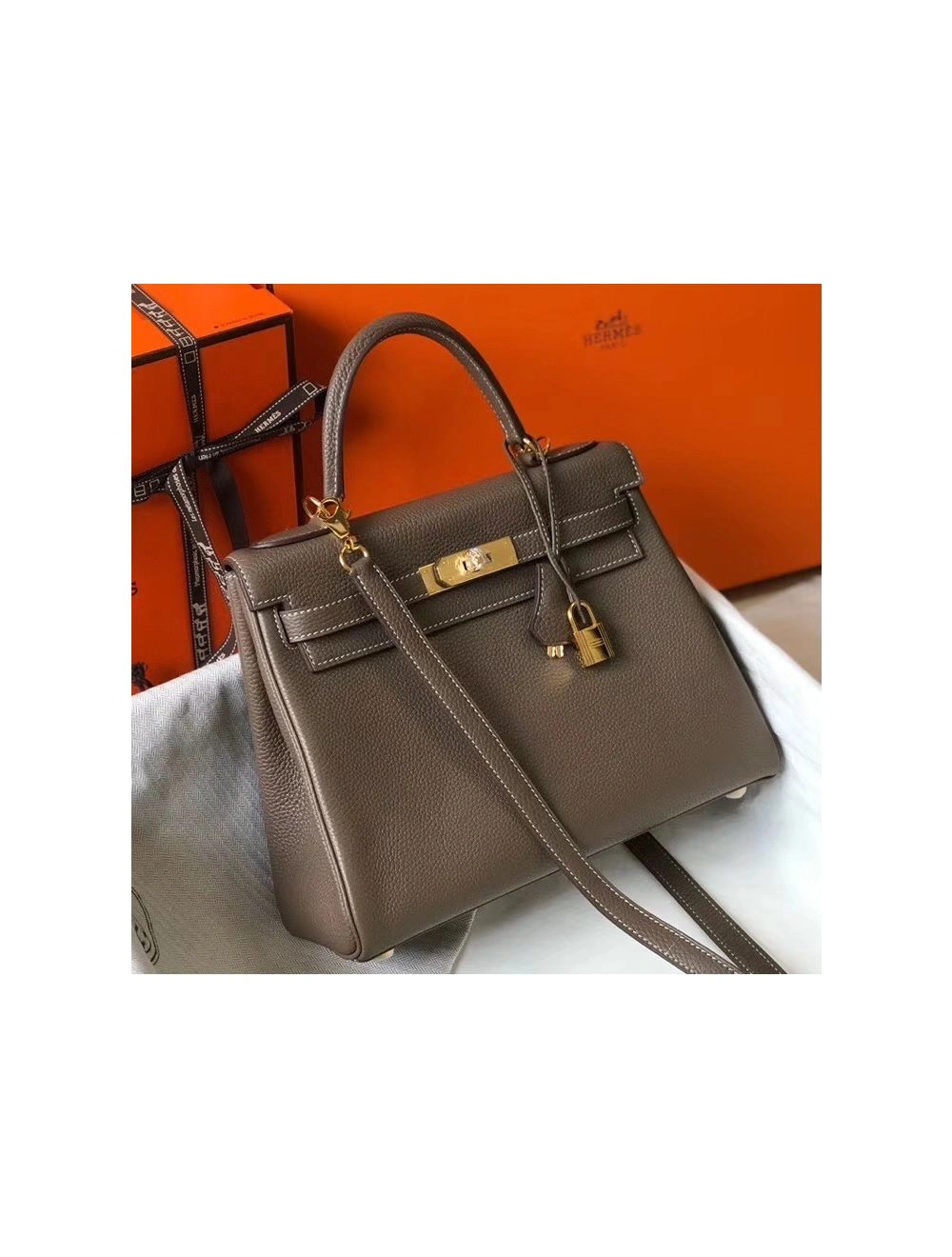 Hermes Kelly 25cm Retourne Bag In Taupe Clemence Leather
