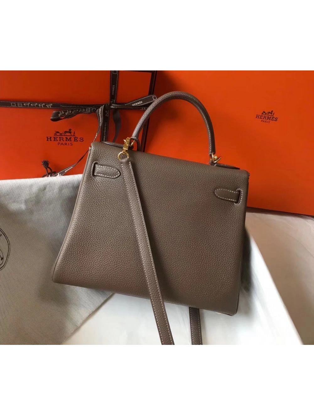 Hermes Kelly 25cm Retourne Bag In Taupe Clemence Leather