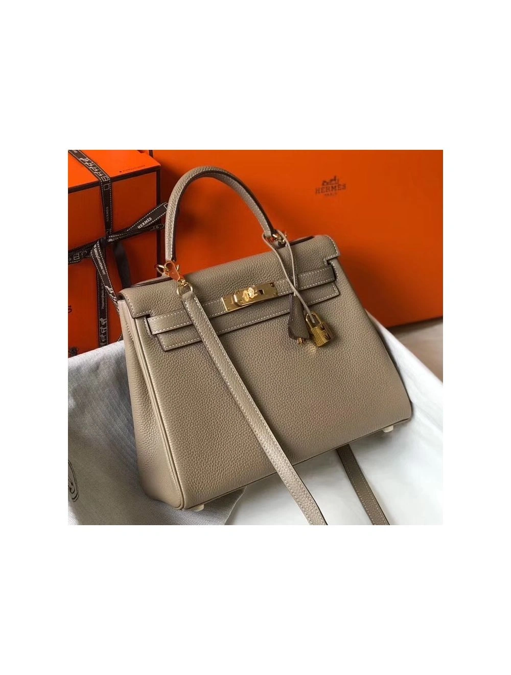 Hermes Kelly 25cm Retourne Bag In Tourterelle Clemence Leather