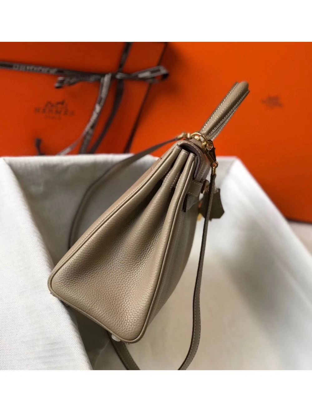 Hermes Kelly 25cm Retourne Bag In Tourterelle Clemence Leather