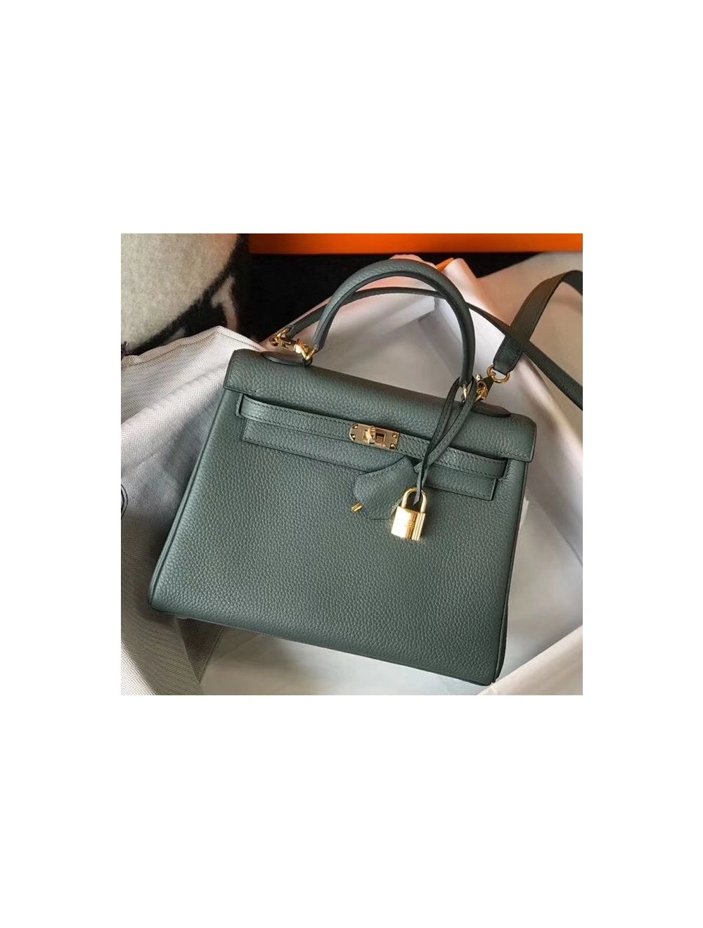 Hermes Kelly 25cm Retourne Bag In Vert Amande Clemence Leather