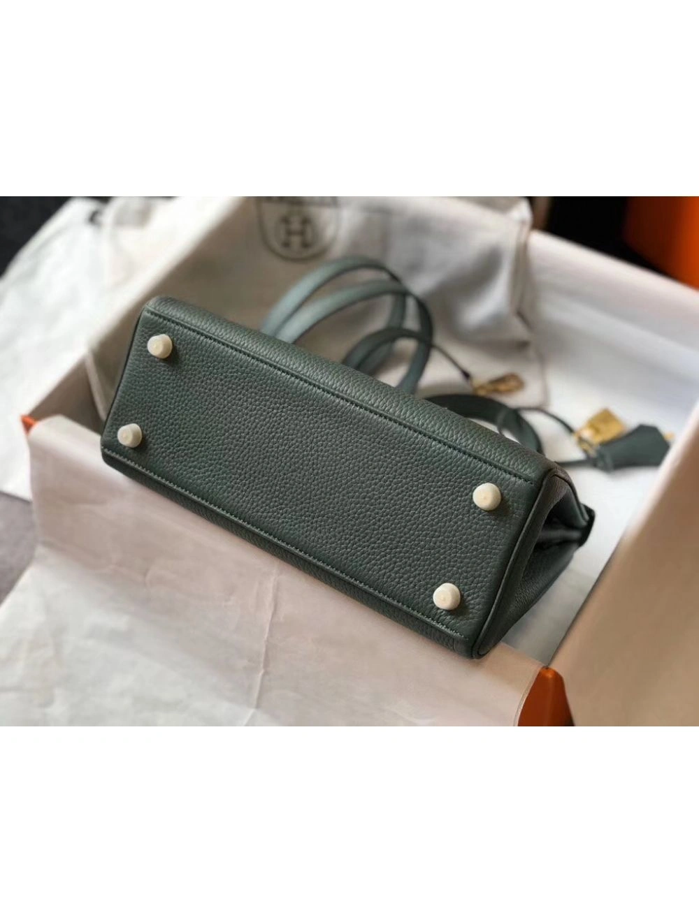 Hermes Kelly 25cm Retourne Bag In Vert Amande Clemence Leather