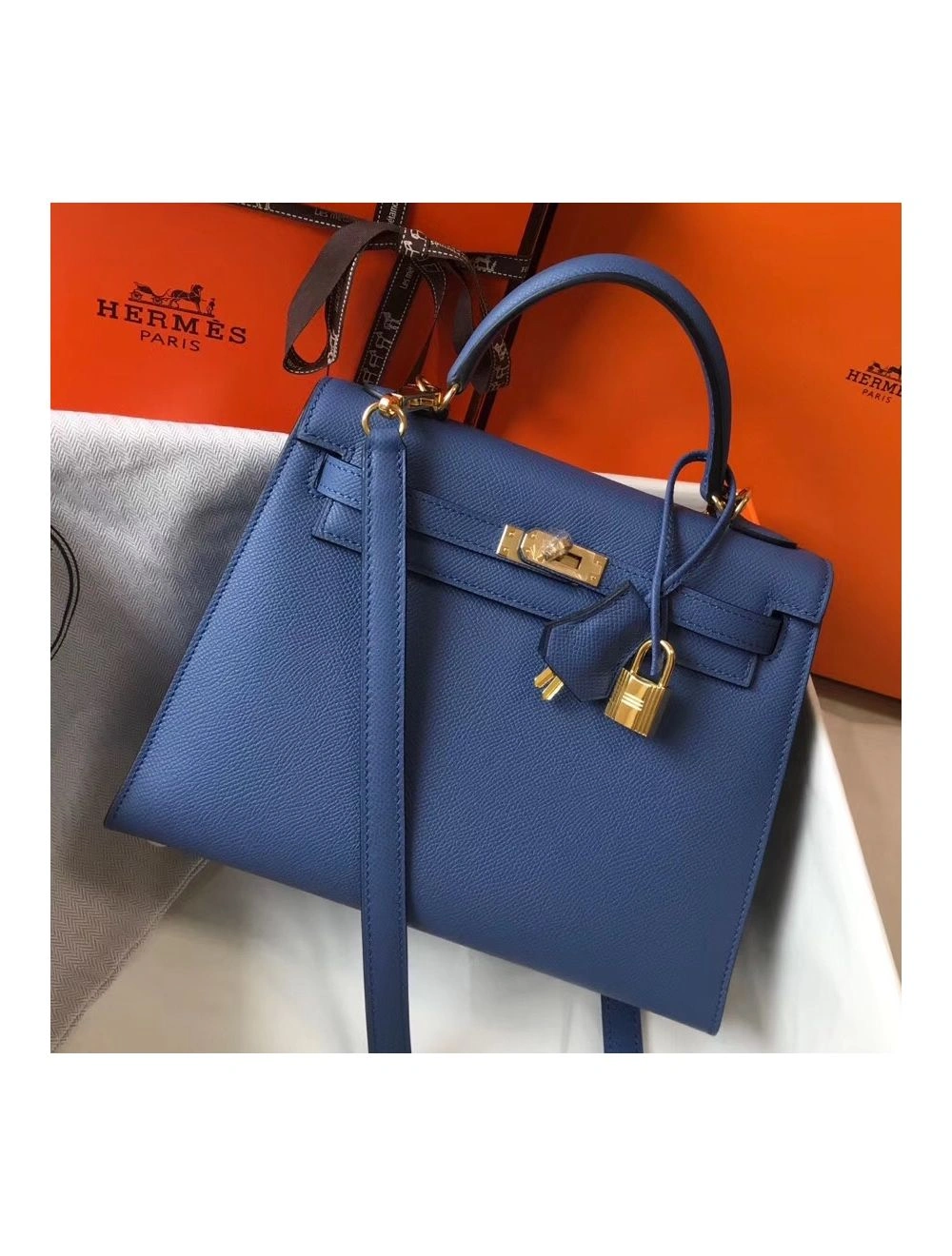 Hermes Kelly 25cm Sellier Bag In Agate Blue Epsom Leather
