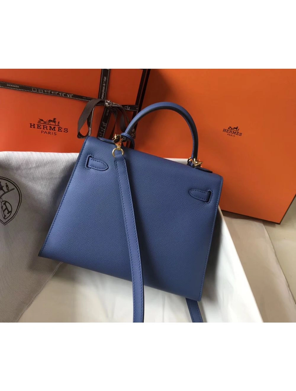 Hermes Kelly 25cm Sellier Bag In Agate Blue Epsom Leather