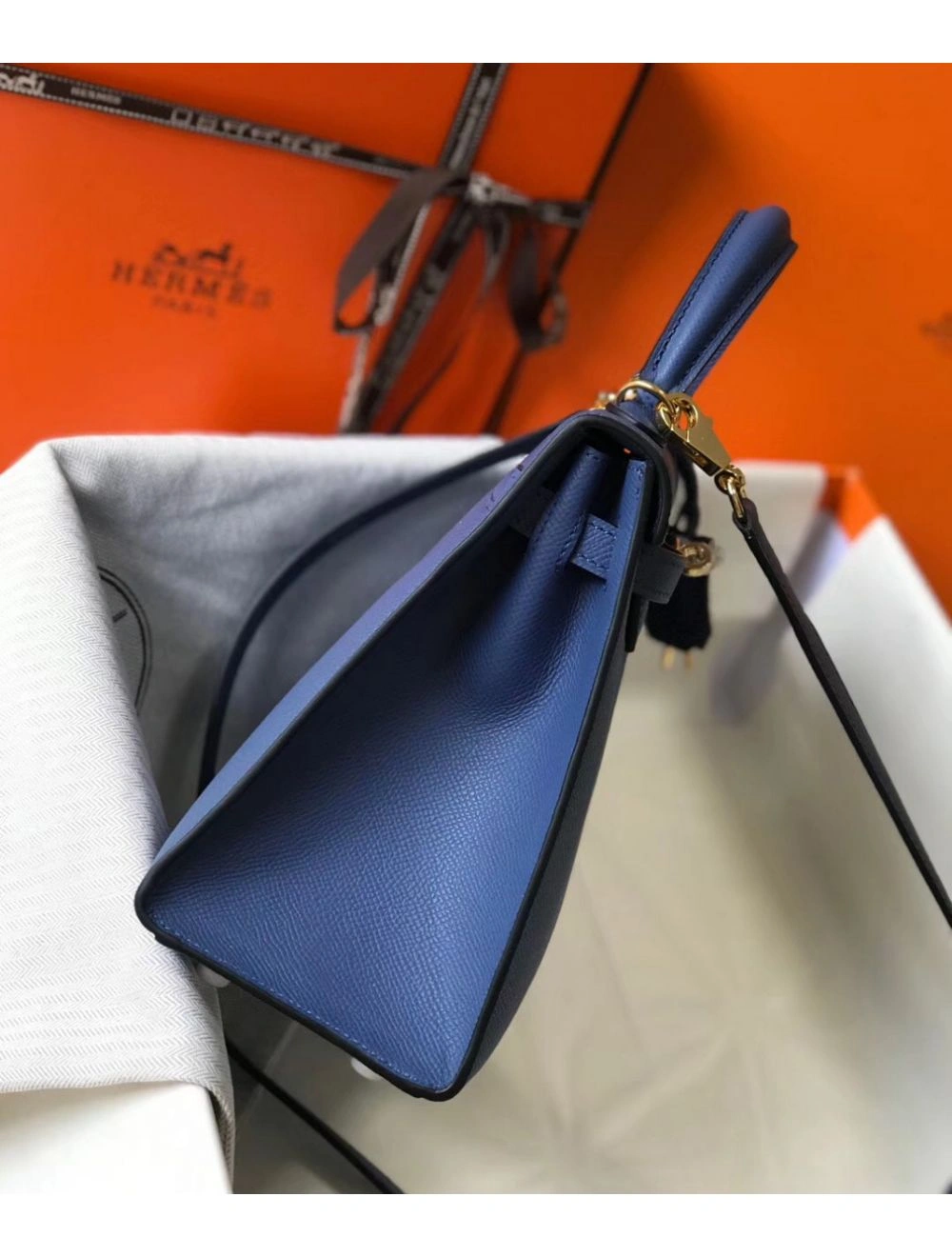 Hermes Kelly 25cm Sellier Bag In Agate Blue Epsom Leather