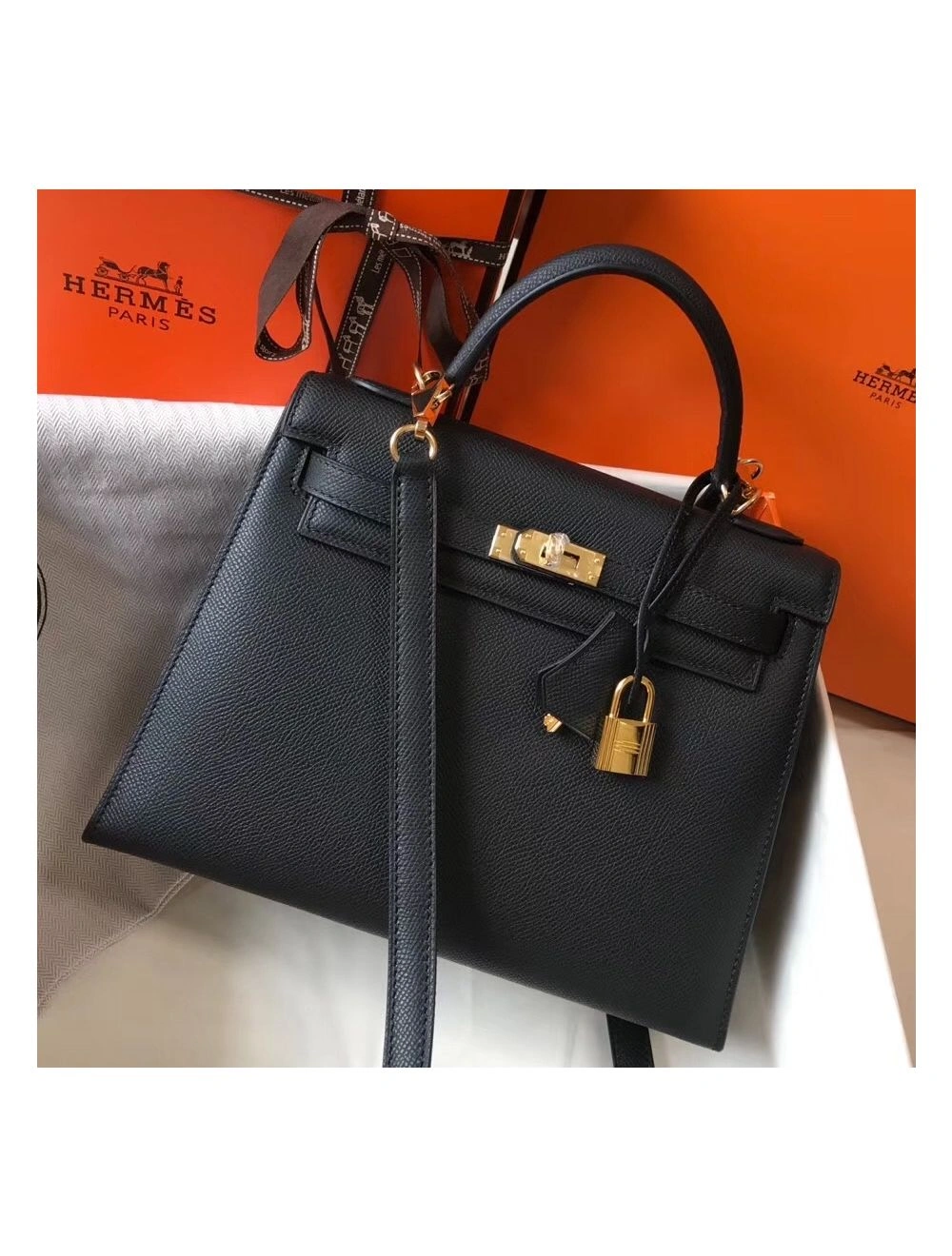 Hermes Kelly 25cm Sellier Bag In Black Epsom Leather