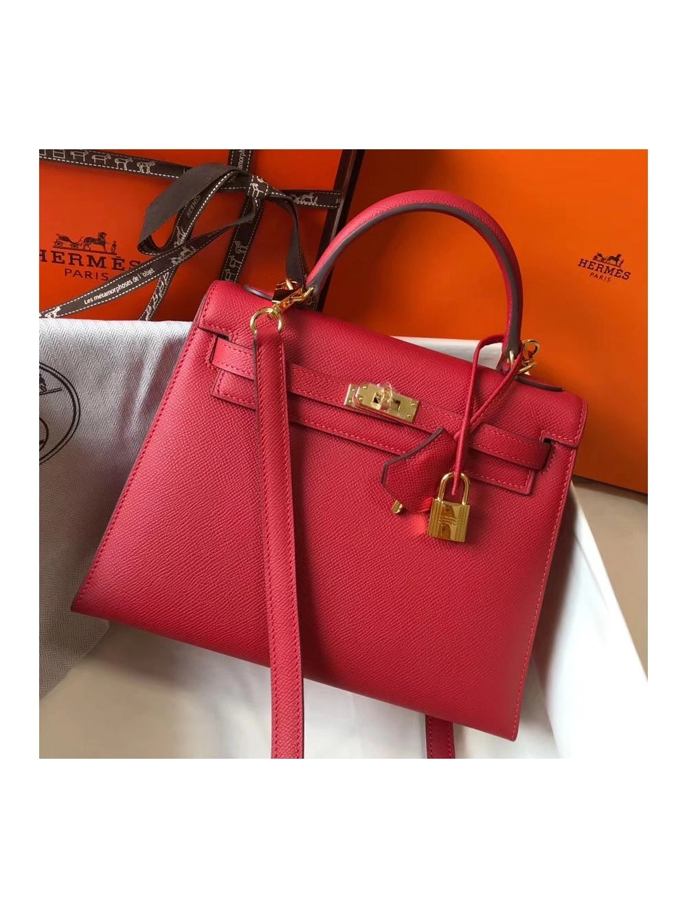 Hermes Kelly 25cm Sellier Bag In Red Epsom Leather