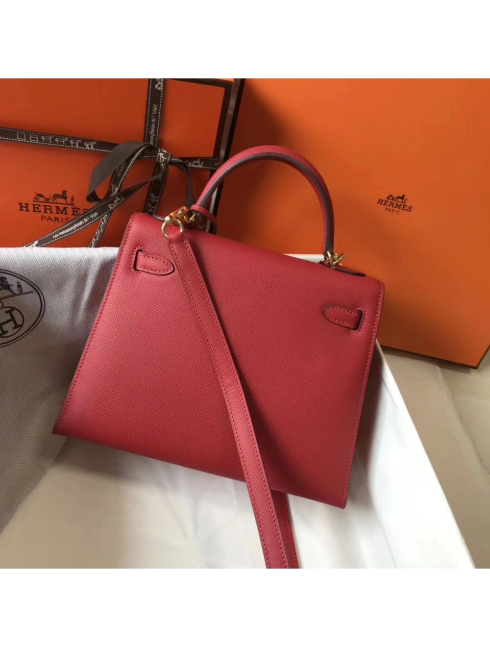 Hermes Kelly 25cm Sellier Bag In Red Epsom Leather
