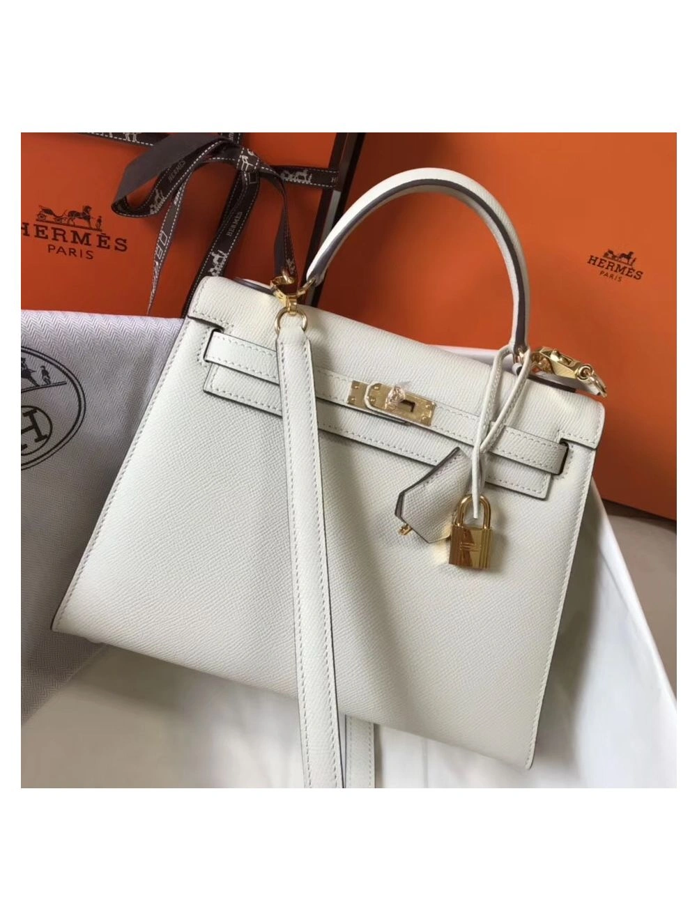 Hermes Kelly 25cm Sellier Bag In White Epsom Leather
