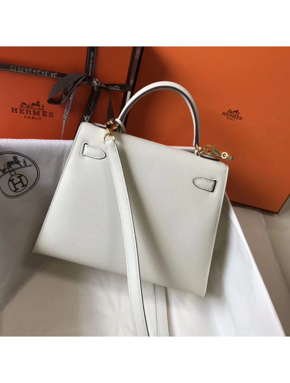 Hermes Kelly 25cm Sellier Bag In White Epsom Leather
