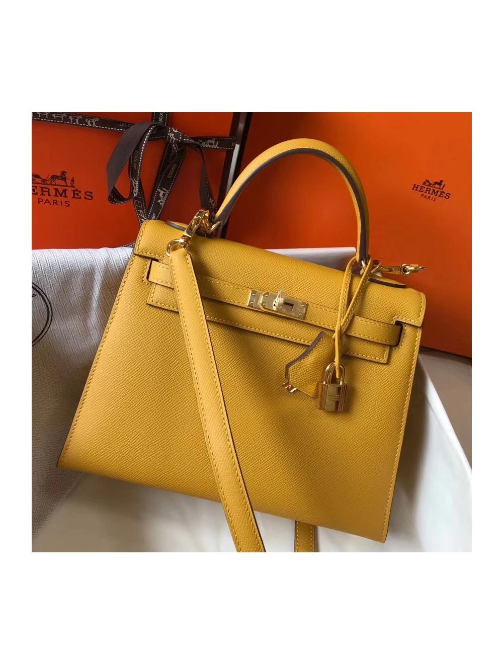 Hermes Kelly 25cm Sellier Bag In Yellow Epsom Leather