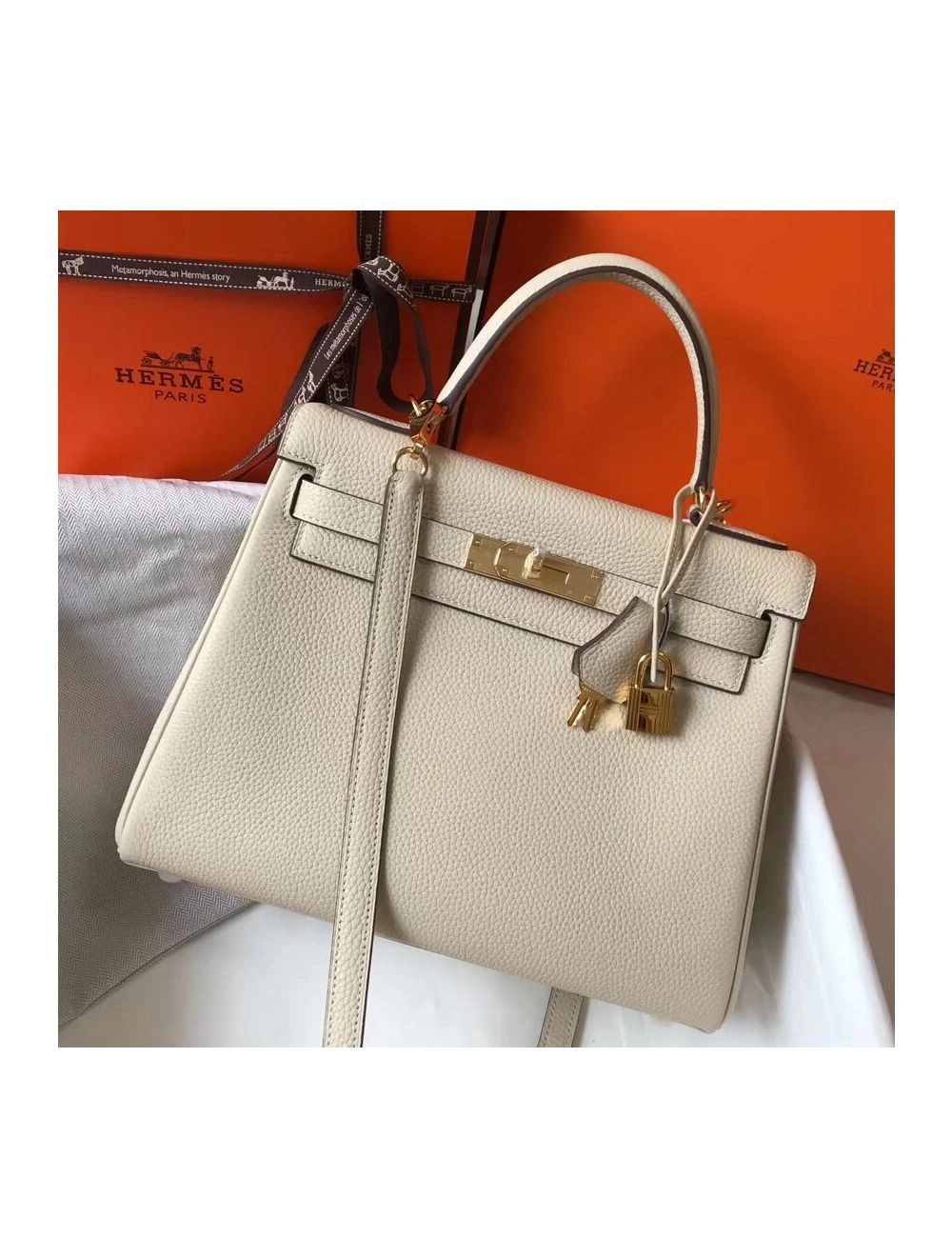 Hermes Kelly 28cm Bag In Beton Clemence Leather GHW