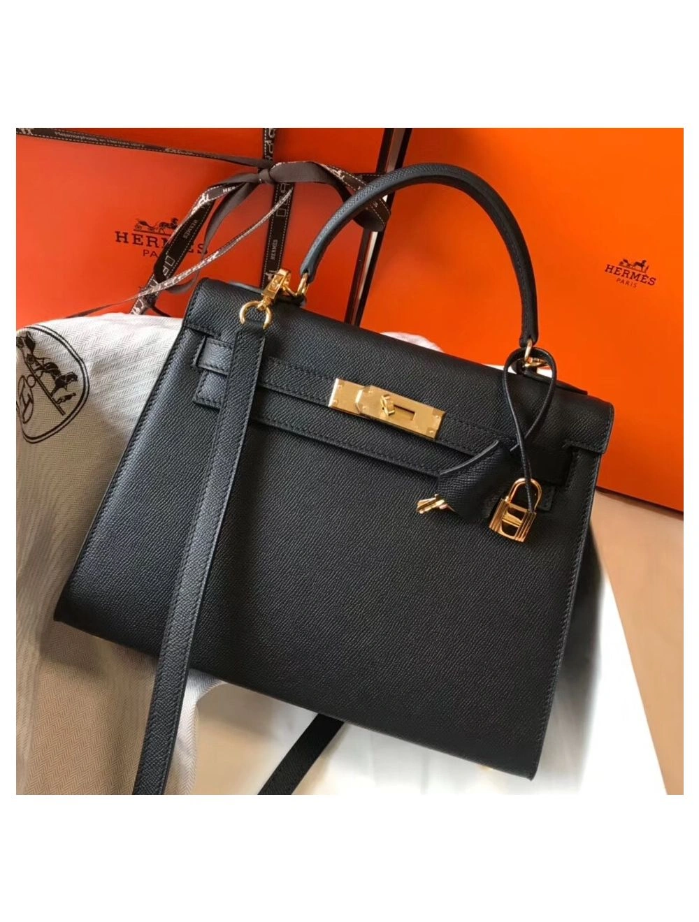Hermes Kelly 28cm Bag In Black Epsom Leather GHW