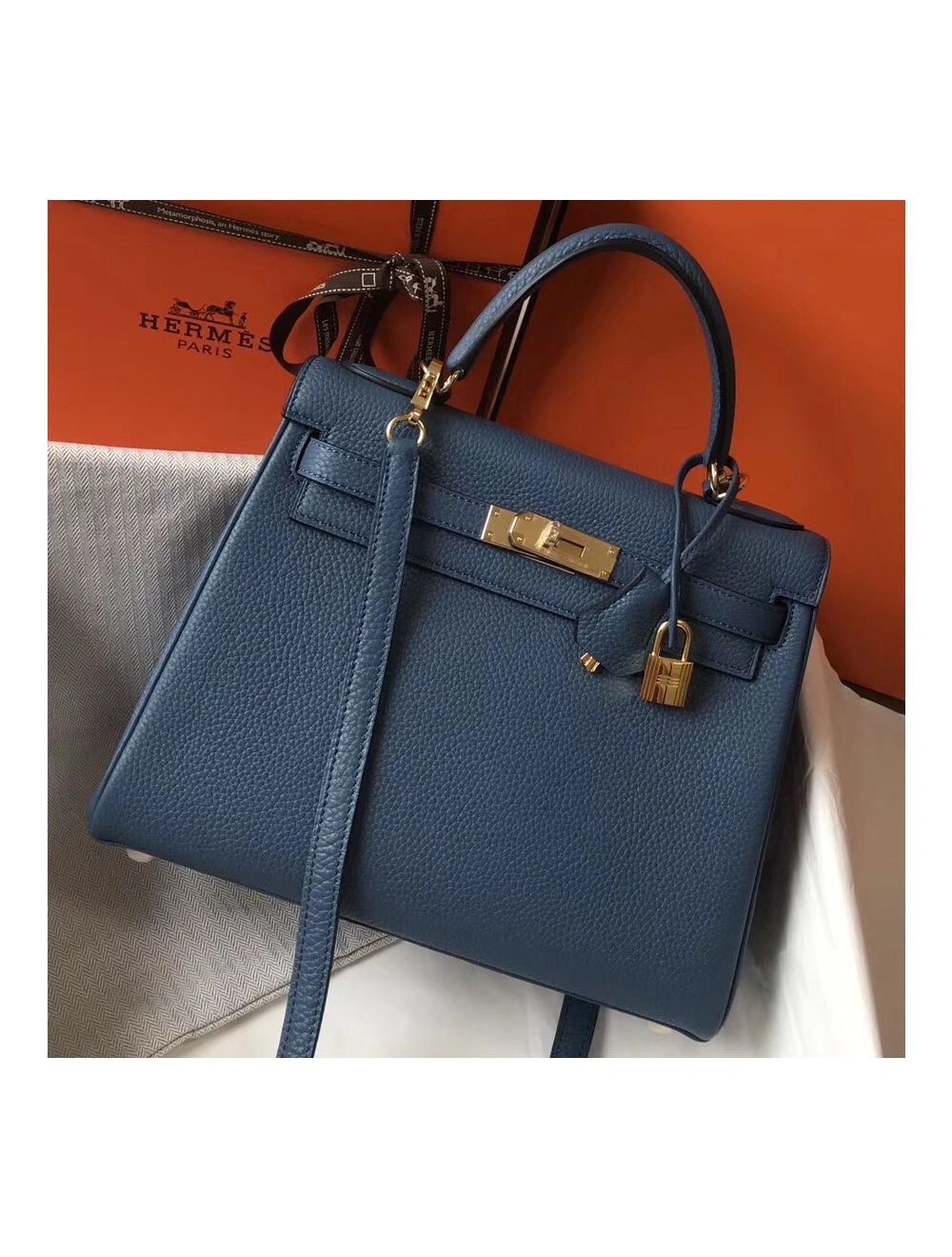 Hermes Kelly 28cm Bag In Blue Agate Clemence Leather GHW