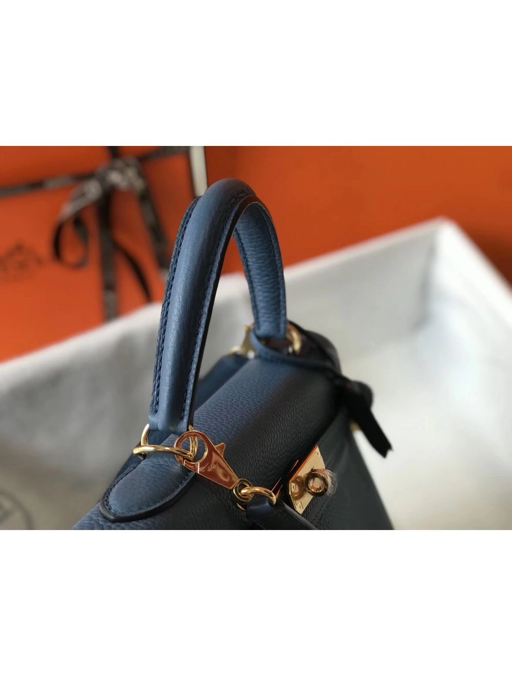 Hermes Kelly 28cm Bag In Blue Agate Clemence Leather GHW