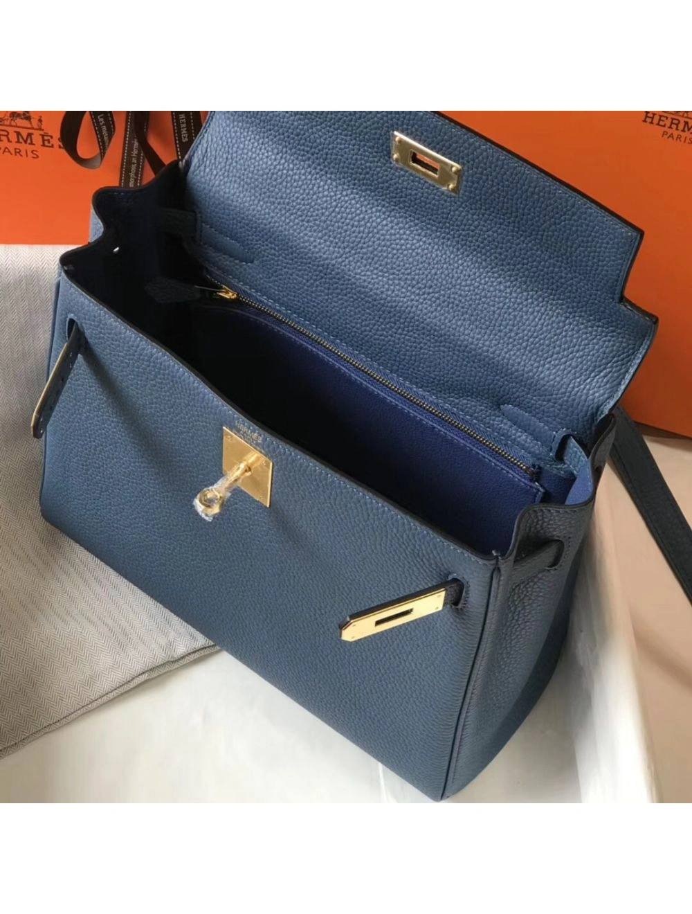 Hermes Kelly 28cm Bag In Blue Agate Clemence Leather GHW