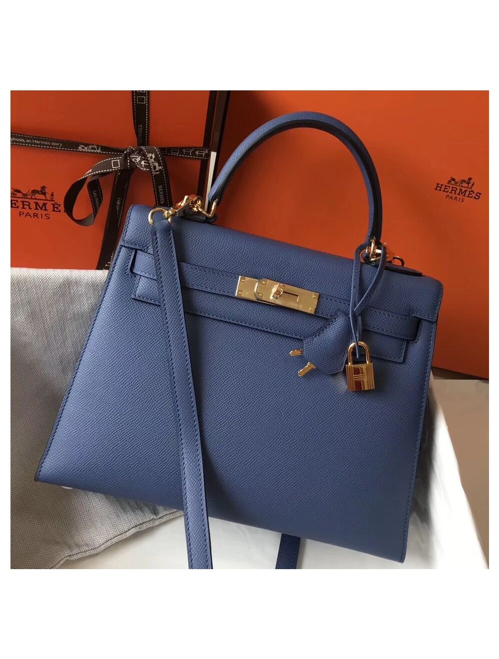 Hermes Kelly 28cm Bag In Blue Agate Epsom Leather GHW