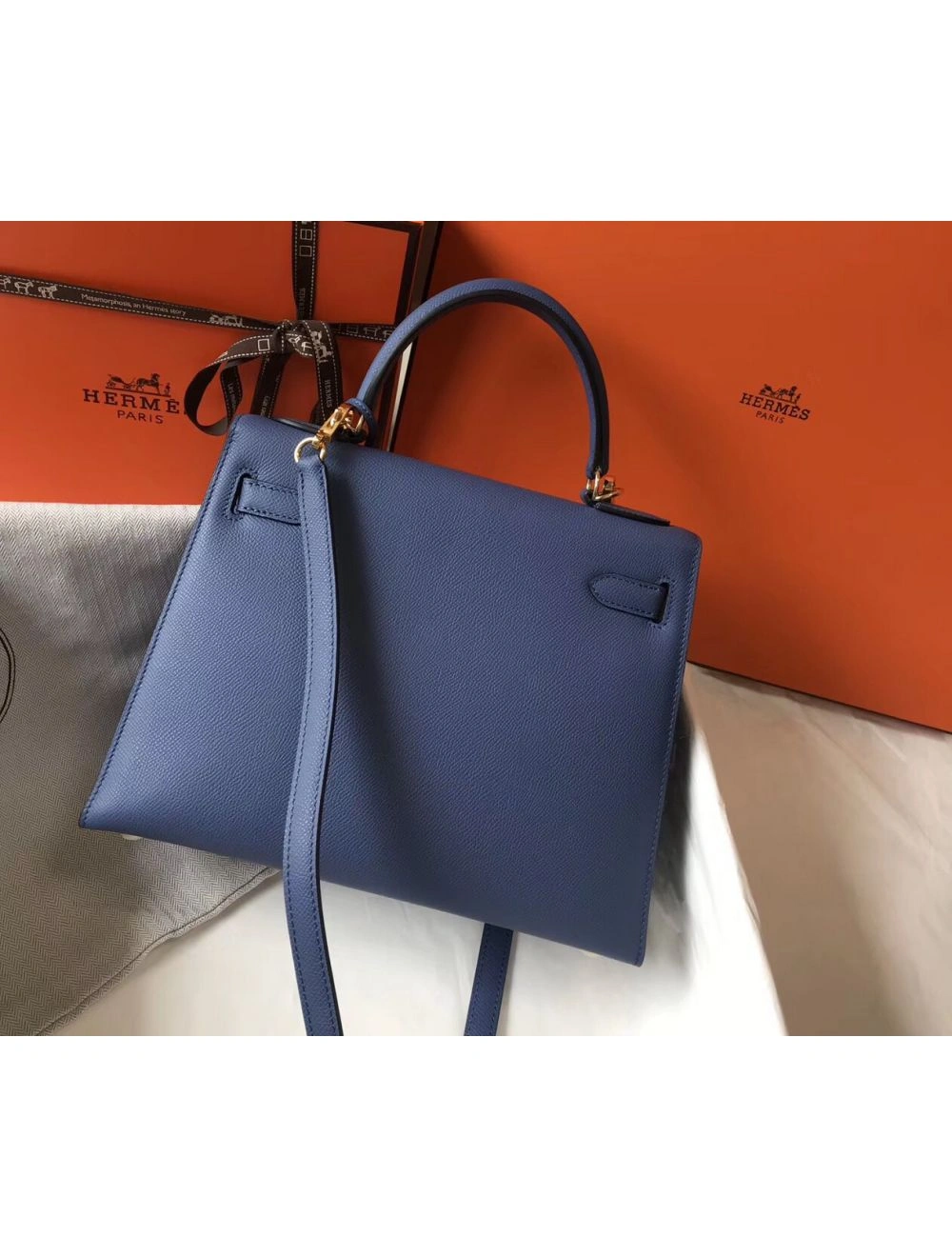 Hermes Kelly 28cm Bag In Blue Agate Epsom Leather GHW