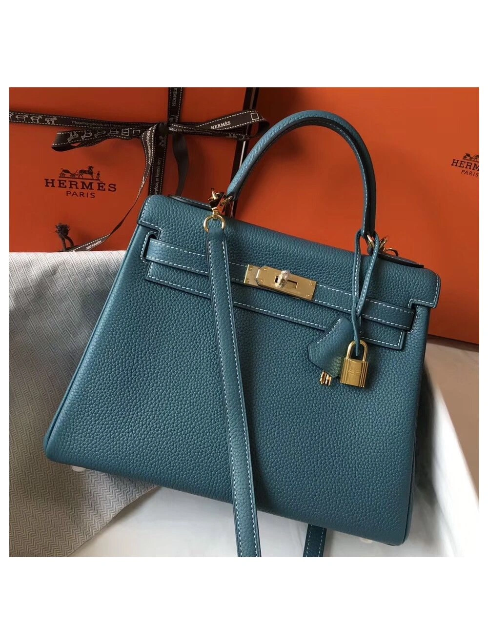 Hermes Kelly 28cm Bag In Blue Jean Clemence Leather GHW
