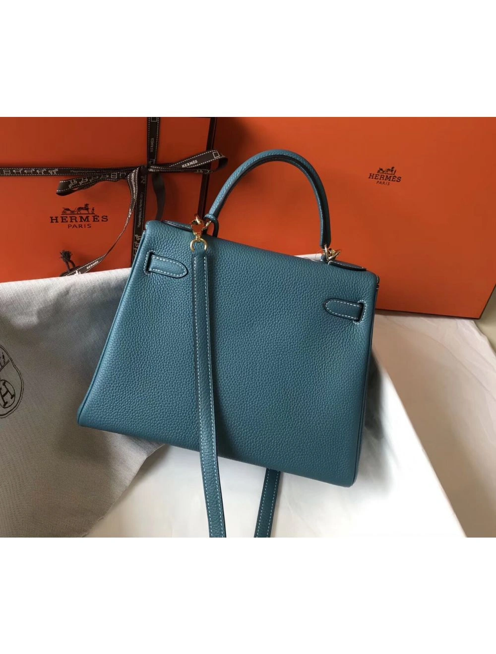 Hermes Kelly 28cm Bag In Blue Jean Clemence Leather GHW
