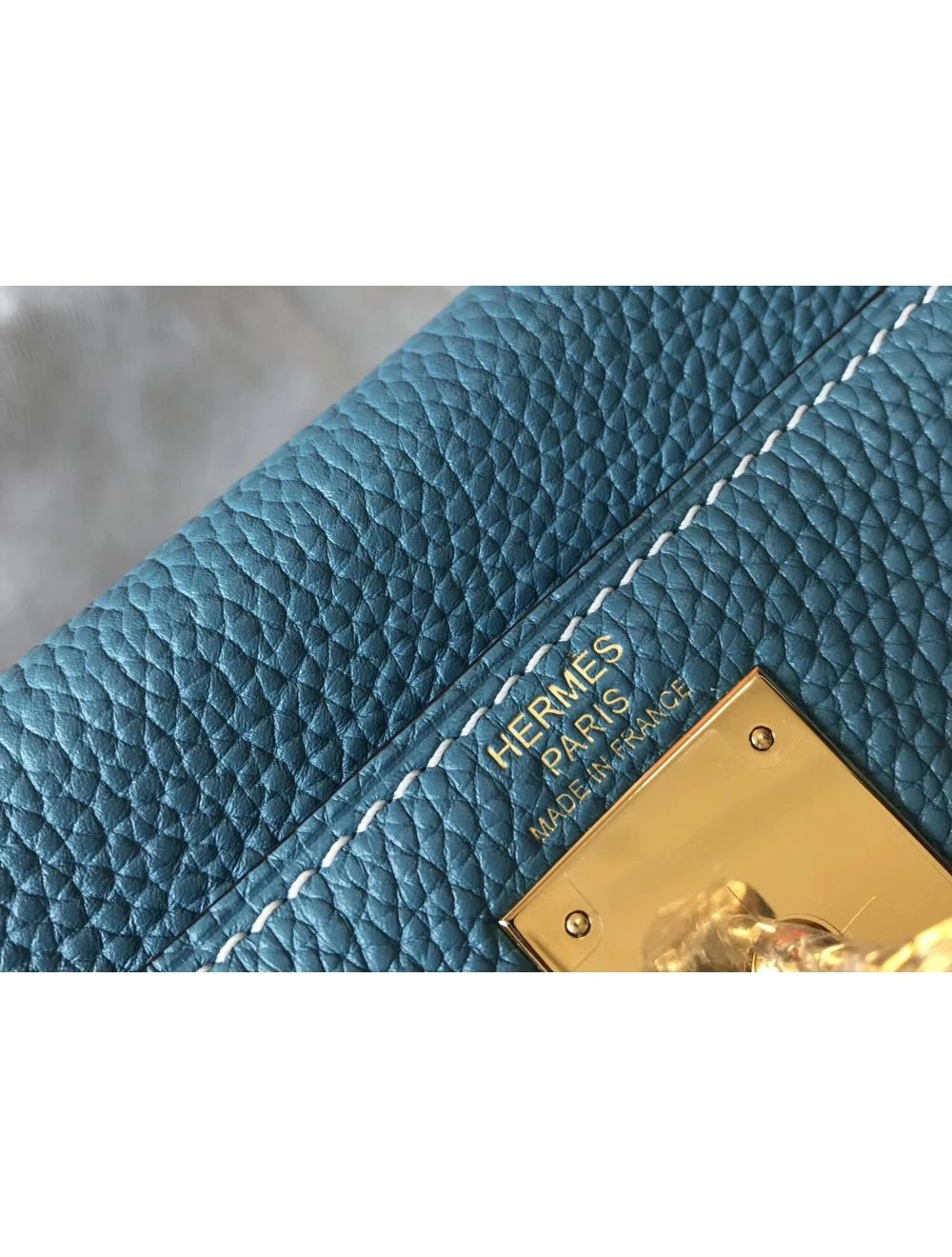 Hermes Kelly 28cm Bag In Blue Jean Clemence Leather GHW