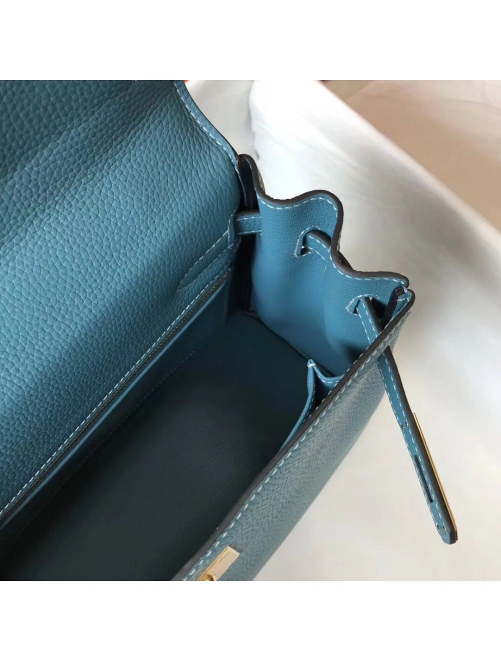 Hermes Kelly 28cm Bag In Blue Jean Clemence Leather GHW