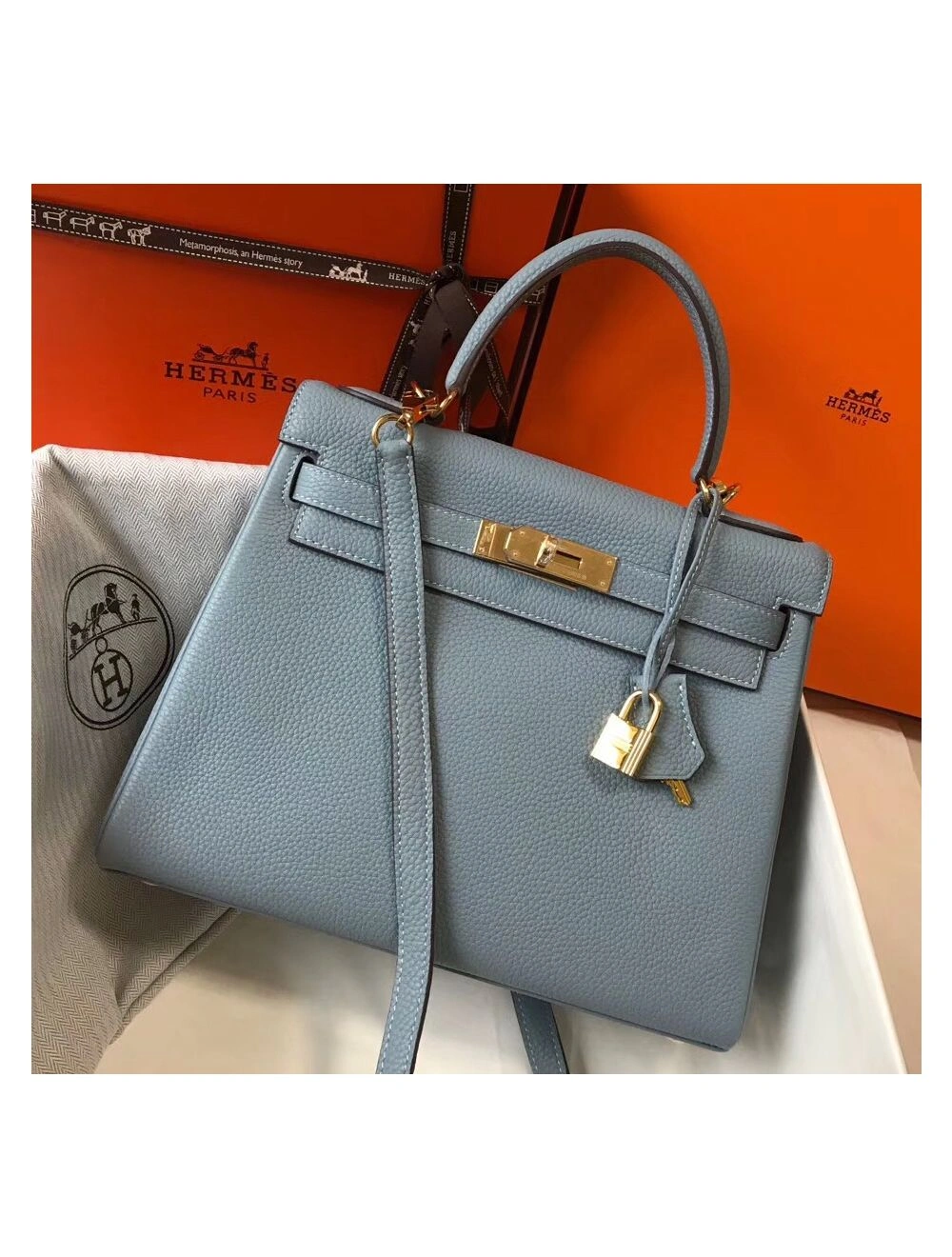 Hermes Kelly 28cm Bag In Blue Lin Clemence Leather GHW