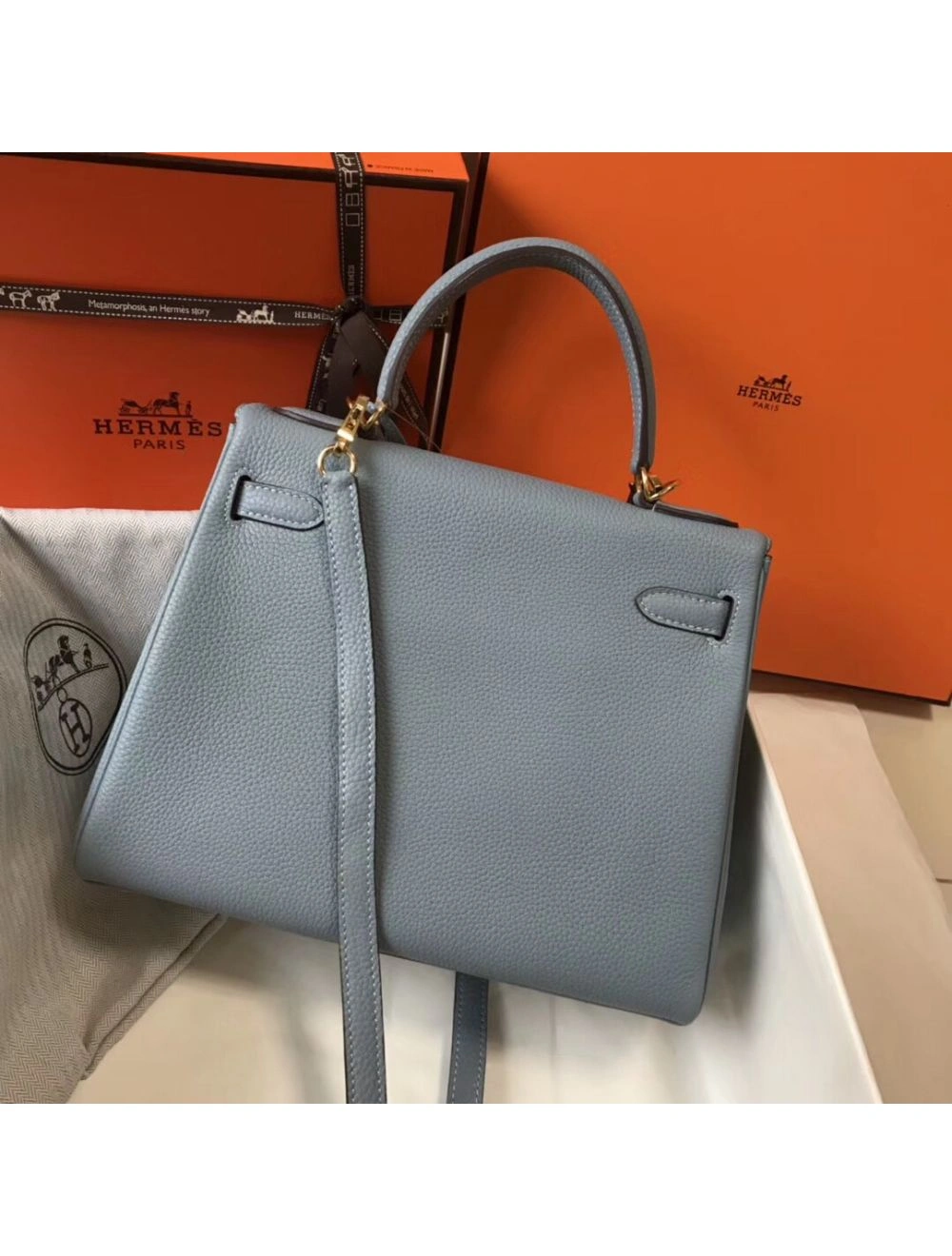 Hermes Kelly 28cm Bag In Blue Lin Clemence Leather GHW