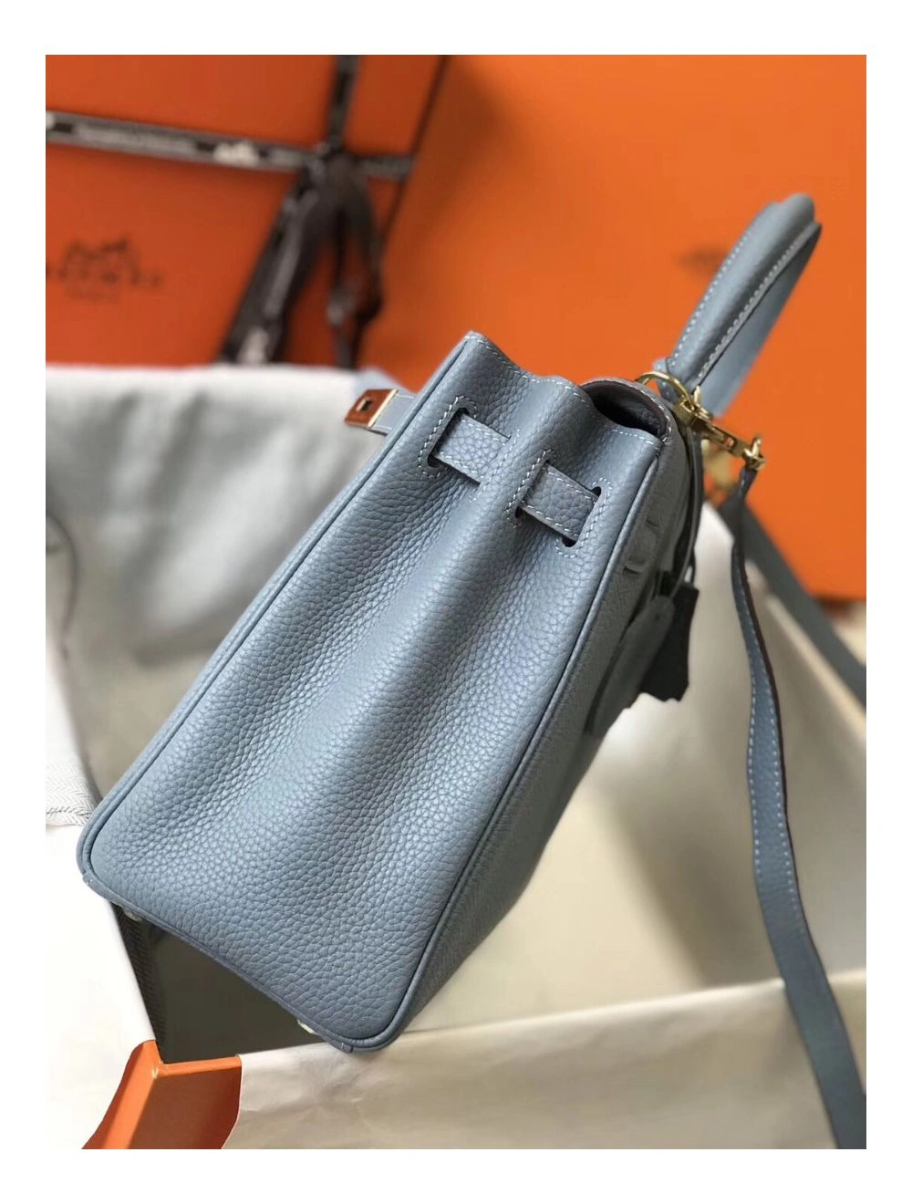 Hermes Kelly 28cm Bag In Blue Lin Clemence Leather GHW