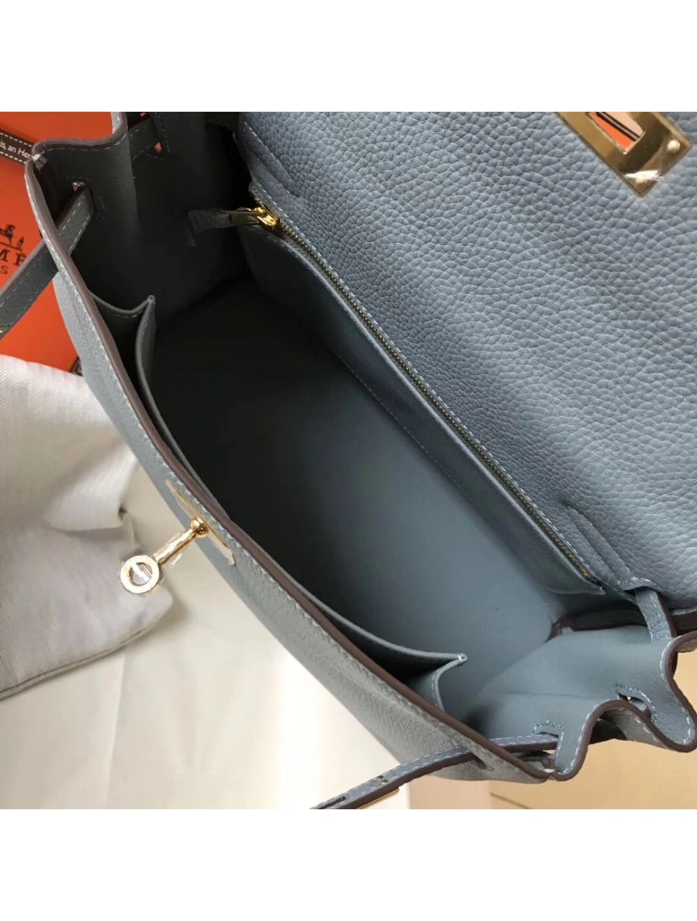 Hermes Kelly 28cm Bag In Blue Lin Clemence Leather GHW