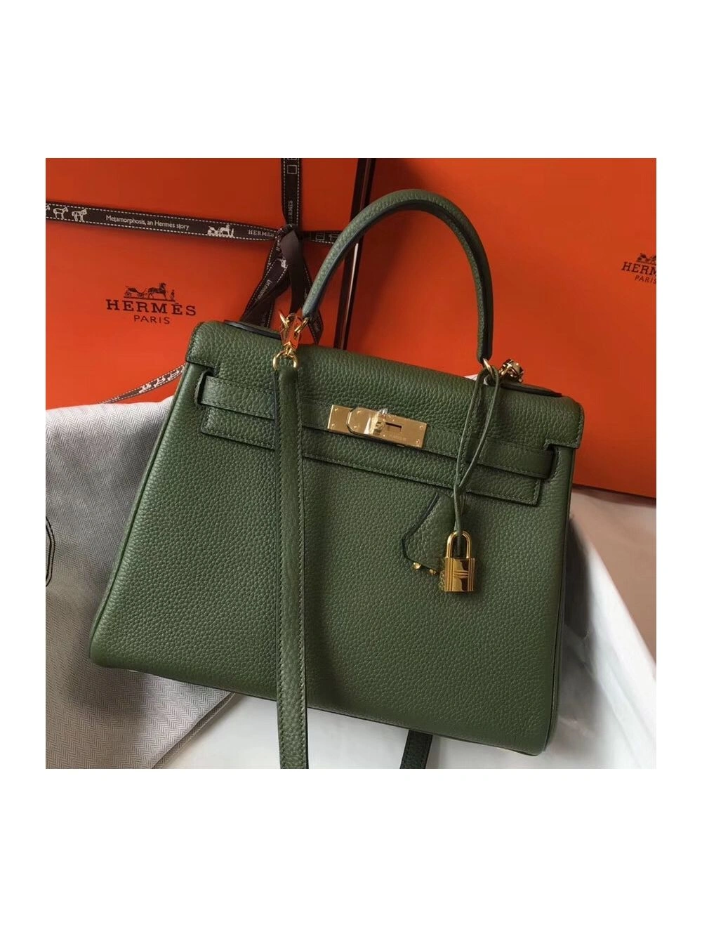 Hermes Kelly 28cm Bag In Canopee Clemence Leather GHW