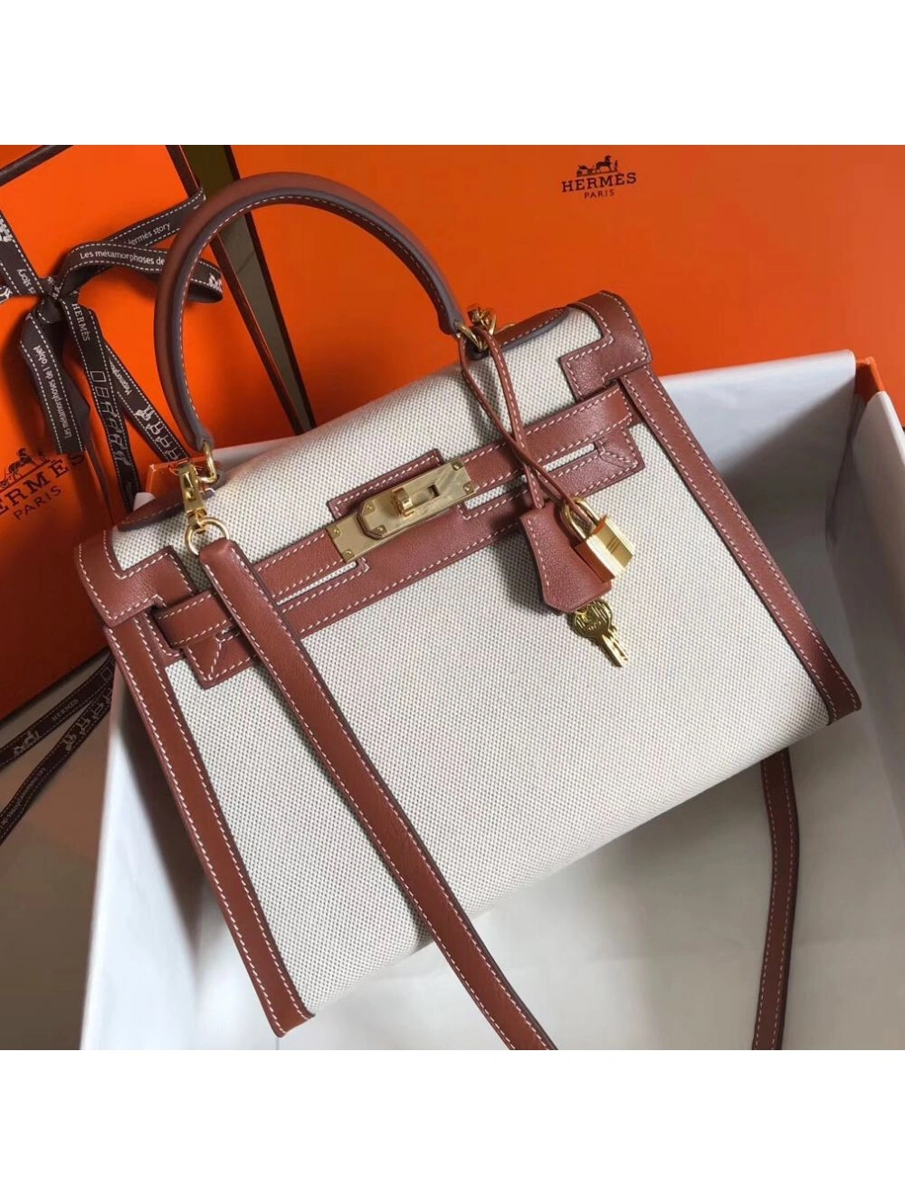 Hermes Kelly 28cm Bag In Canvas With Barenia Leather