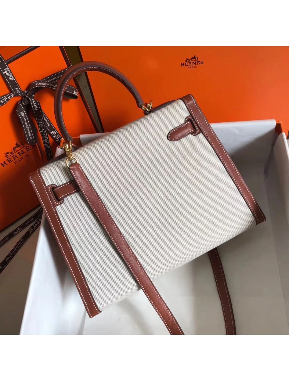 Hermes Kelly 28cm Bag In Canvas With Barenia Leather