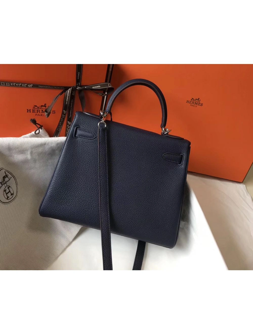 Hermes Kelly 28cm Bag In Dark Blue Clemence Leather PHW