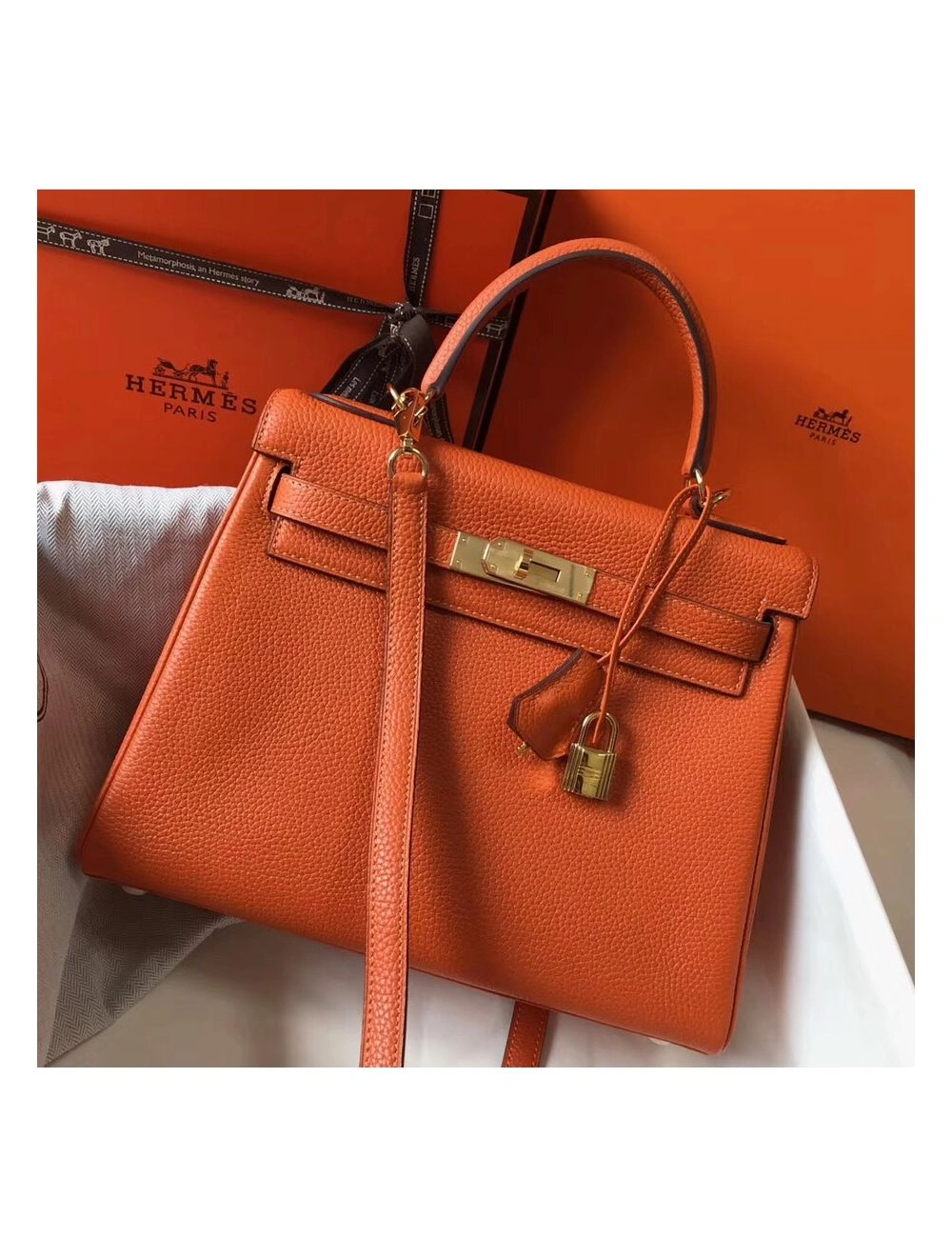 Hermes Kelly 28cm Bag In Orange Clemence Leather GHW