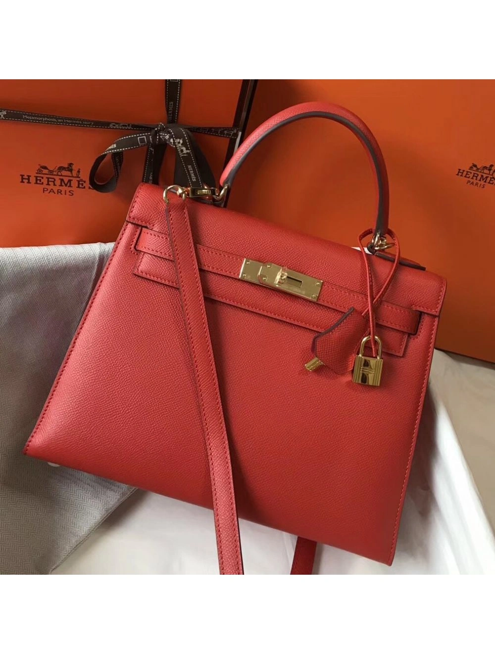 Hermes Kelly 28cm Bag In Red Epsom Leather GHW
