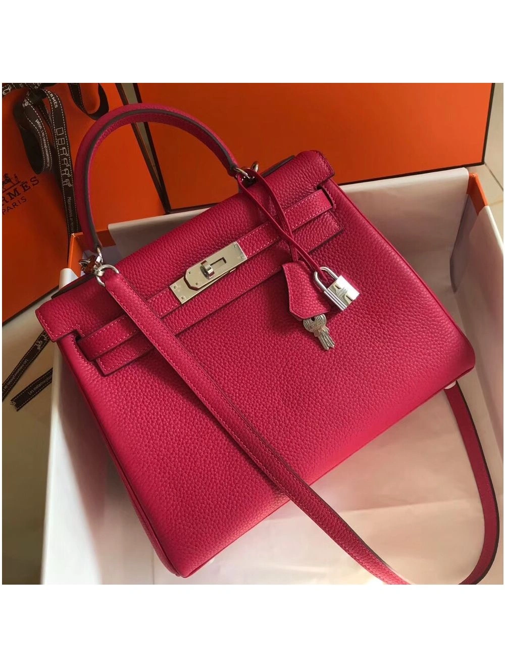 Hermes Kelly 28cm Bag In Rose Red Clemence Leather PHW