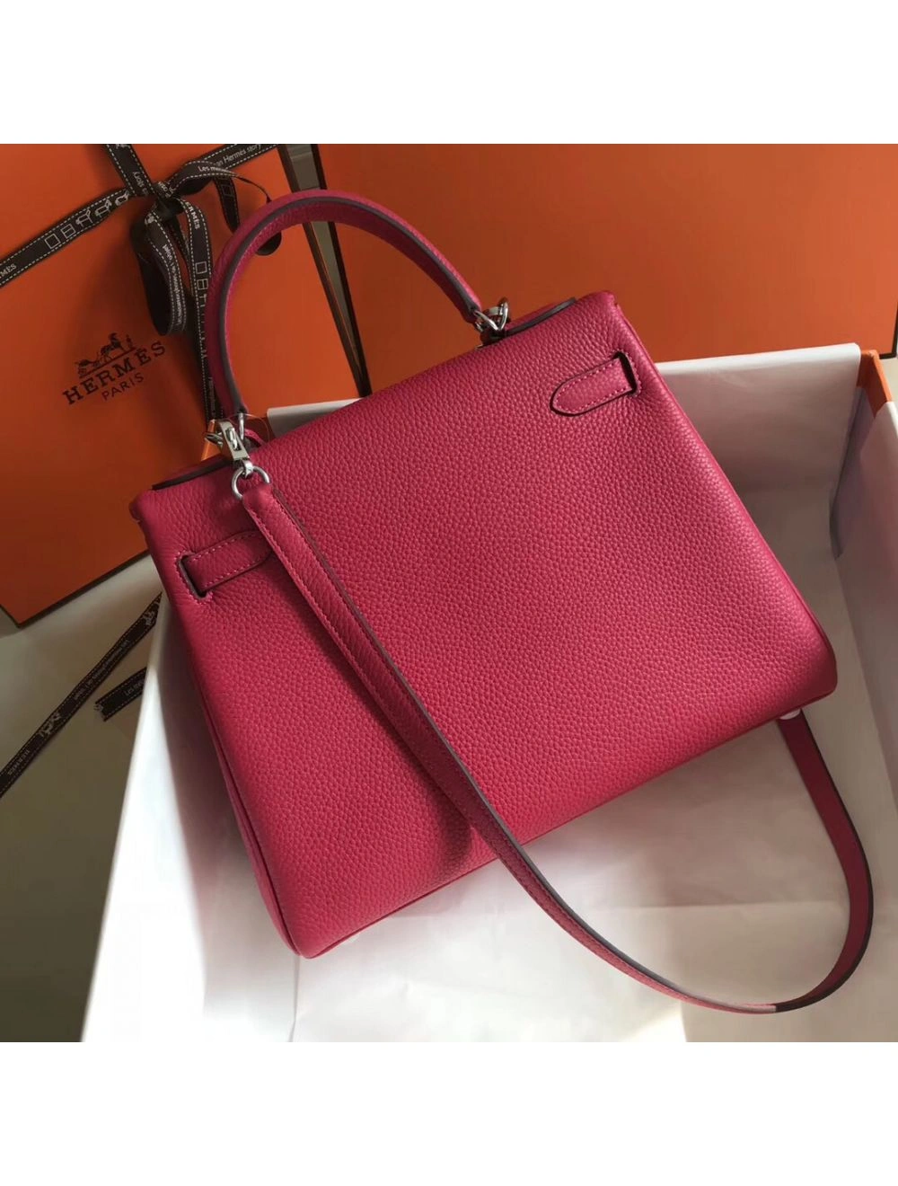 Hermes Kelly 28cm Bag In Rose Red Clemence Leather PHW
