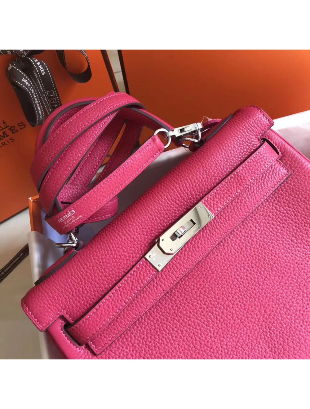 Hermes Kelly 28cm Bag In Rose Red Clemence Leather PHW