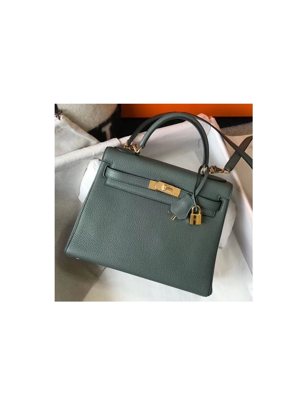 Hermes Kelly 28cm Bag In Vert Amande Clemence Leather GHW