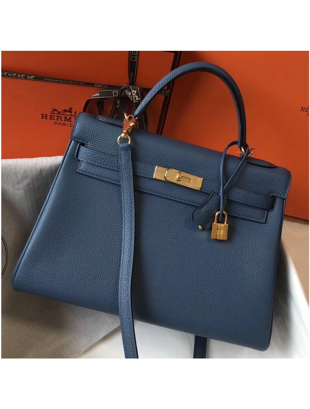 Hermes Kelly 32cm Bag In Blue Agate Clemence Leather GHW