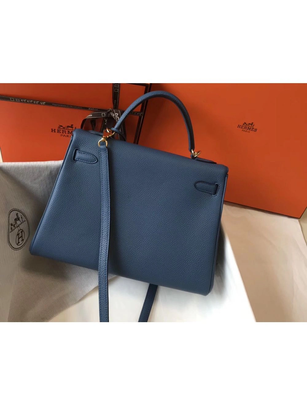 Hermes Kelly 32cm Bag In Blue Agate Clemence Leather GHW