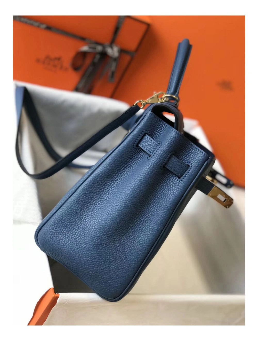 Hermes Kelly 32cm Bag In Blue Agate Clemence Leather GHW