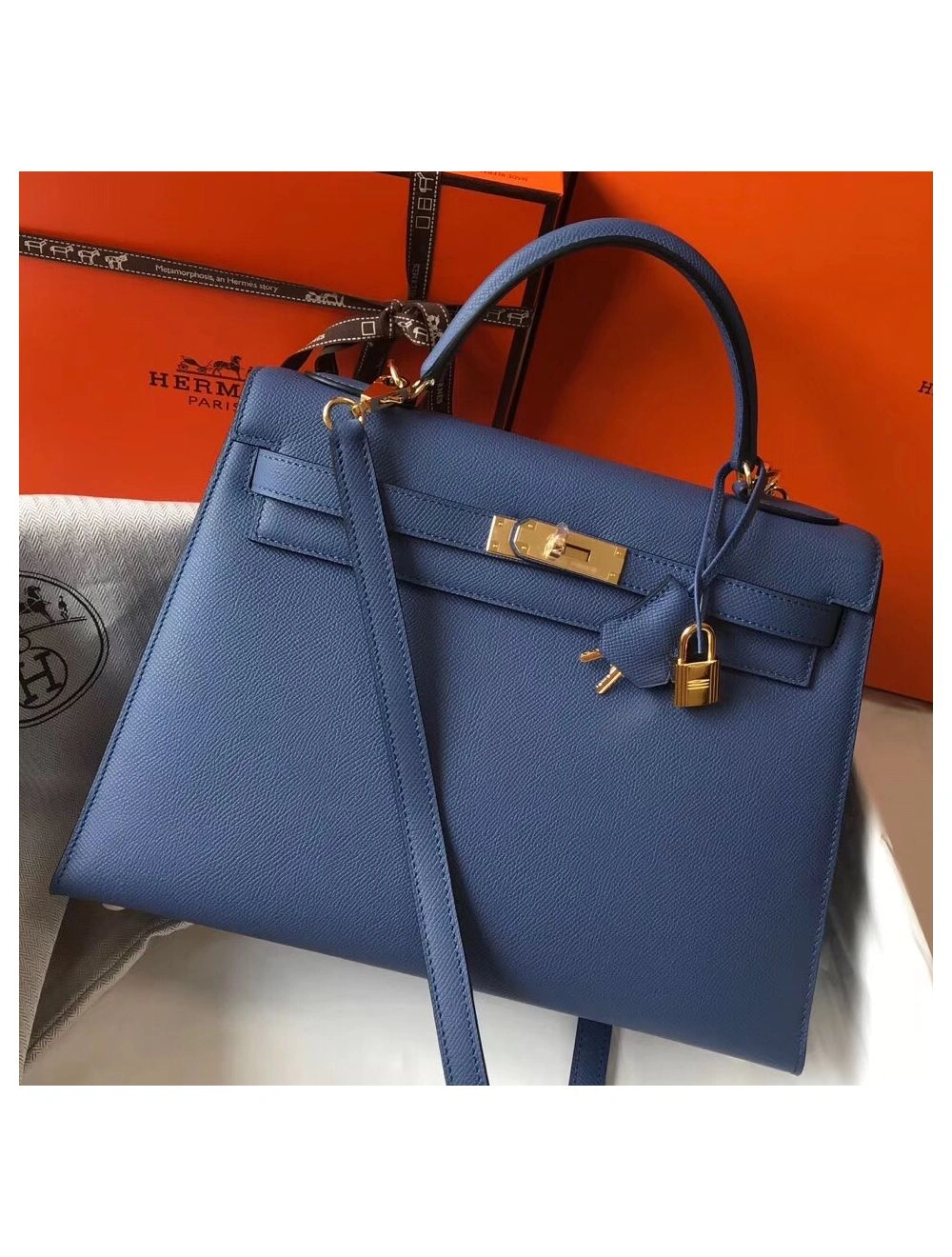 Hermes Kelly 32cm Bag In Blue Agate Epsom Leather GHW