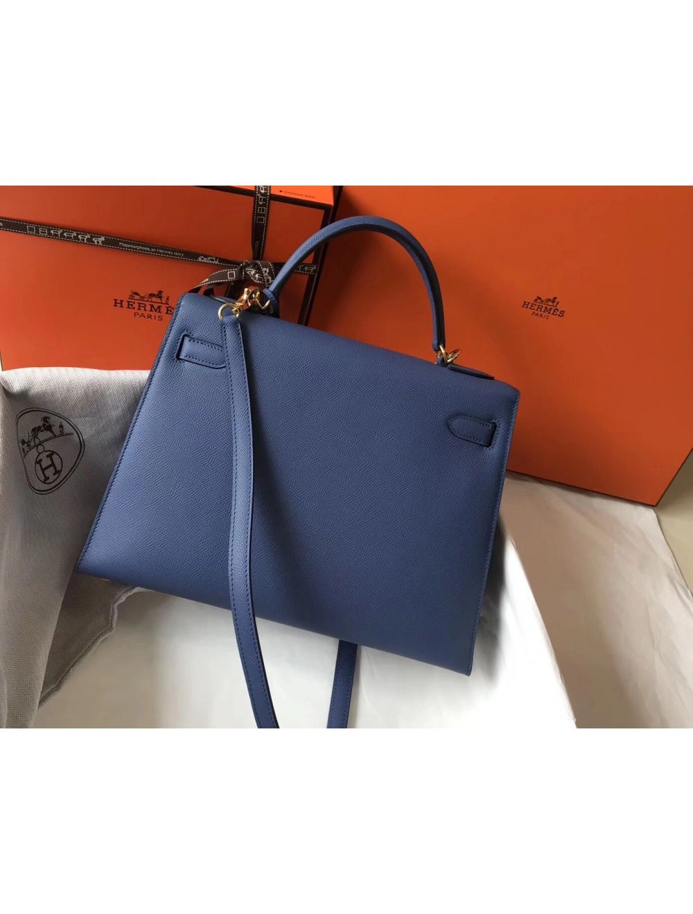 Hermes Kelly 32cm Bag In Blue Agate Epsom Leather GHW