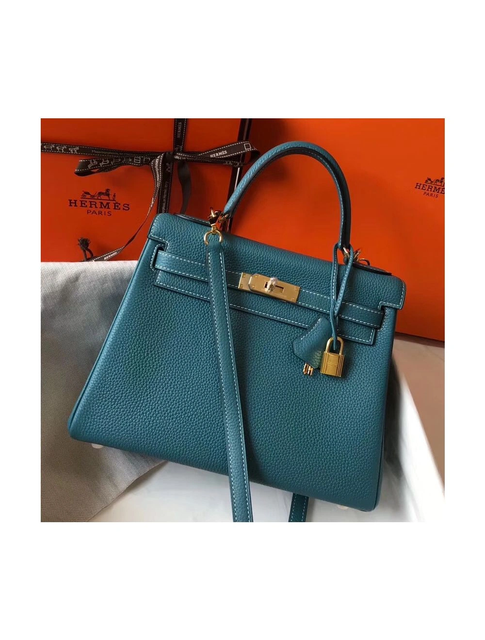 Hermes Kelly 32cm Bag In Blue Jean Clemence Leather GHW