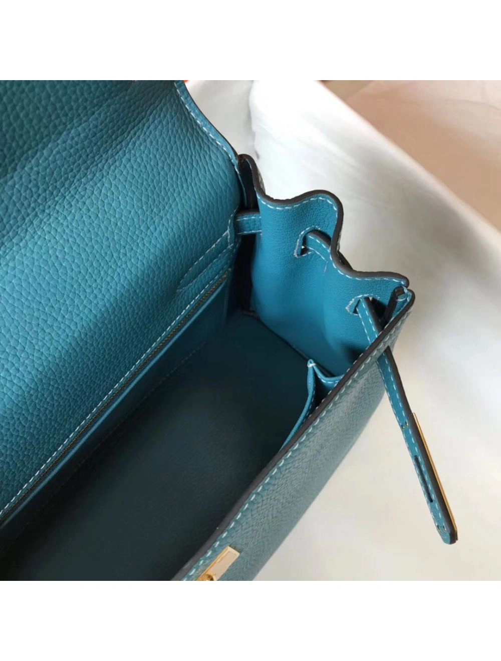 Hermes Kelly 32cm Bag In Blue Jean Clemence Leather GHW